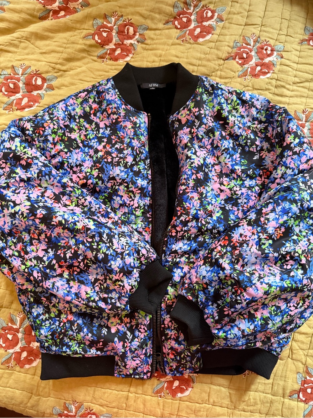 AFRM Black Floral Bomber Jacket with Pink, Blue & Green Accents